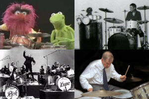 Met de klok mee: Animal en Kermit (screenshot); Animal en Buddy Rich (foto: Unofficial Buddy Rich Website); Ronnie Verrell (foto: Sid Mitchell/Digital Gallery Plus); Buddy en Gene Krupa (foto: Unofficial Buddy Rich Website).